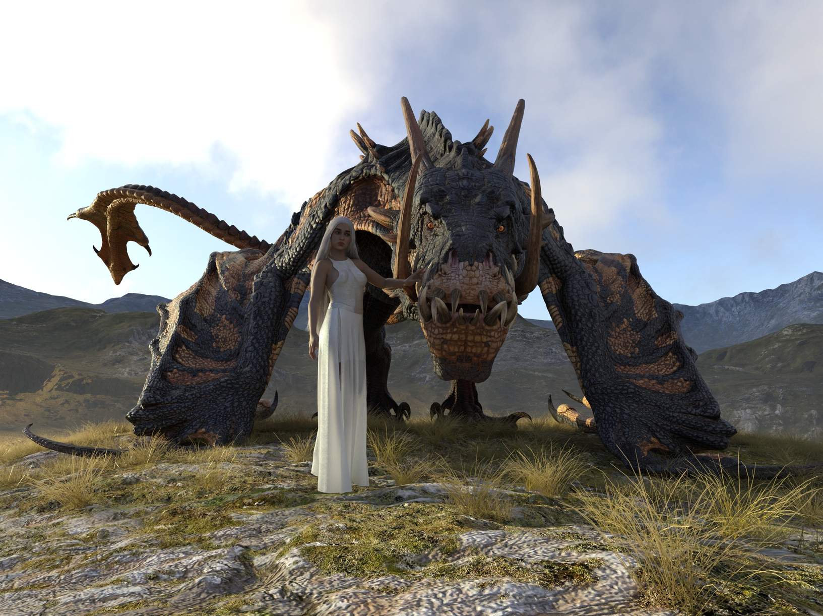 Picture Prompts: Girl and Dragon 3D illustration fantasy dragon and beautiful young girl