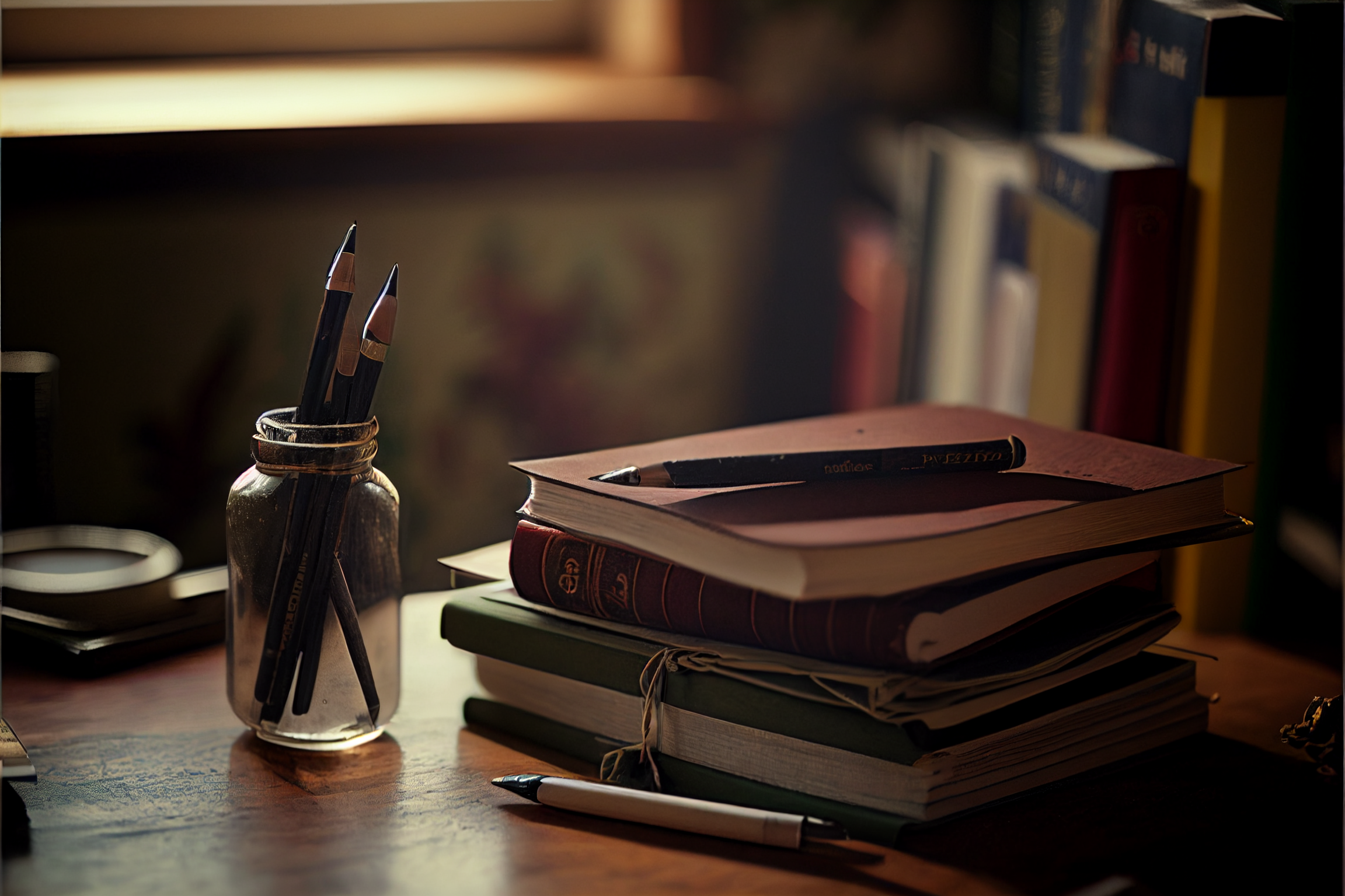 "stack of books on a desk with a pen and pad of paper," Midjourney Image by Author