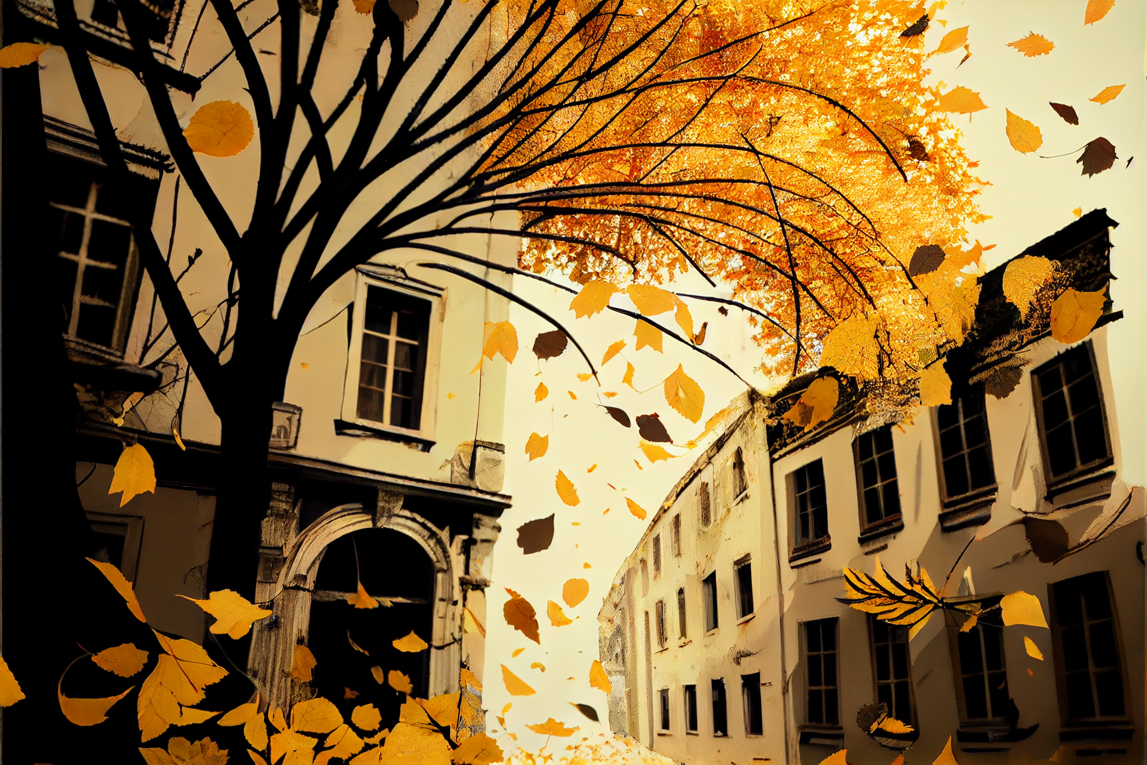 "golden leaves drift down, Autumn breeze blows through the town, nature's tapestry," Midjourney Image by Author