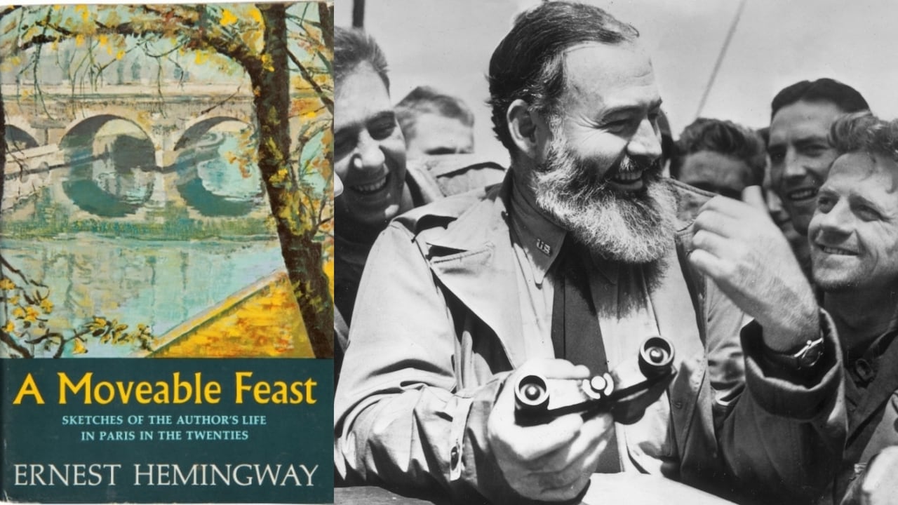 A Moveable Feast's book cover with a photo of Ernest Hemingway alongside