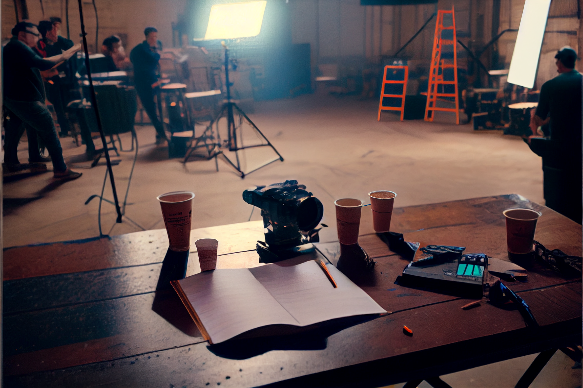 "movie set with a script on a table and coffee," Midjourney Image by Author, based on a Photo by Jakob Owens on Unsplash